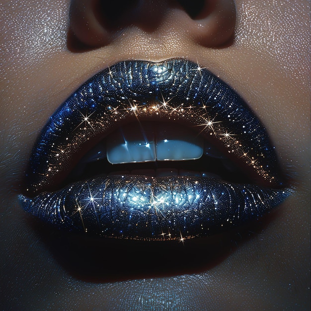 Foto los labios brillantes de diamantes azules de las mujeres de cerca