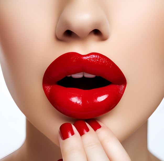 Foto lábios de batom vermelho e unhas vermelhas close-up de lábios suculentos de mulher com batom vermelho maquiagem de moda farmácia de cosmetologia ou conceito de maquiagem de moda fotografia de estúdio injeção de enchimentos de cirurgia plástica ai