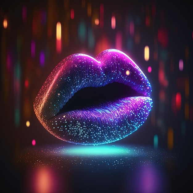 Lábios de néon de mulher abstrata com glitter Kiss conceito de beleza AI