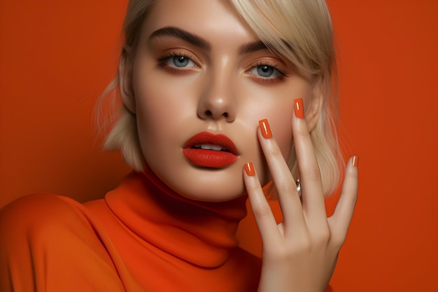 Labios y dedos rojos coloridos mujer con uñas rojas