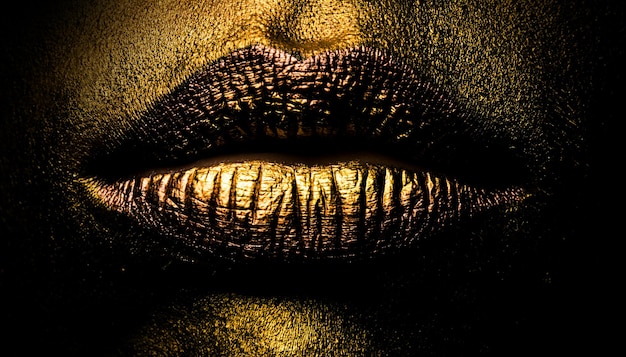 Labios dorados closeup labio de metal dorado hermoso maquillaje brillo de labios dorado en primer plano de la boca femenina de belleza