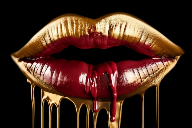 Labios dorados con un líquido rojo goteando por los labios.