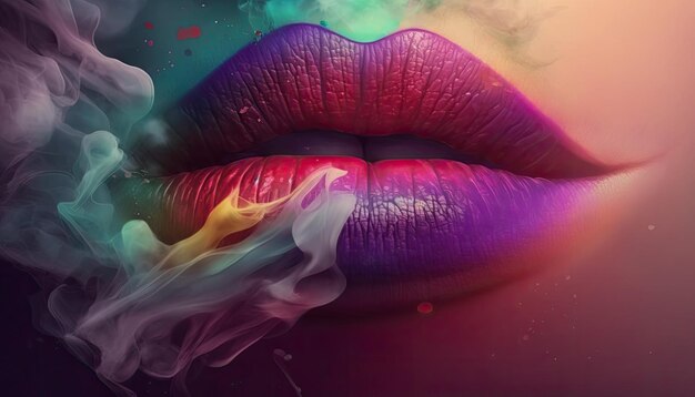 Labios femeninos de cerca usando lápiz labial colorido en labios de mujer hermosa sexy humo multicolor