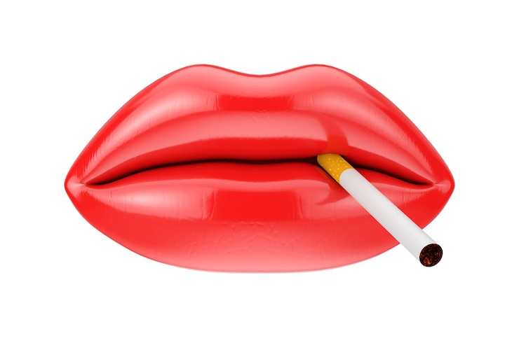 Foto labios femeninos con lápiz labial rojo y cigarrillo sobre un fondo blanco. representación 3d