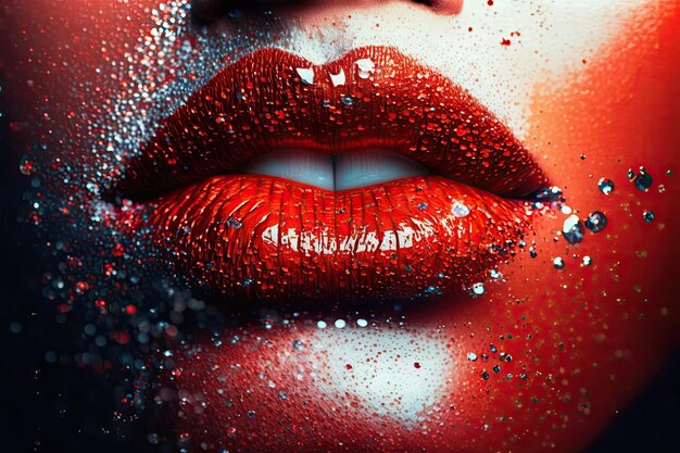 Labios femeninos rojos húmedos brillantes con textura brillante creados con ai generativo