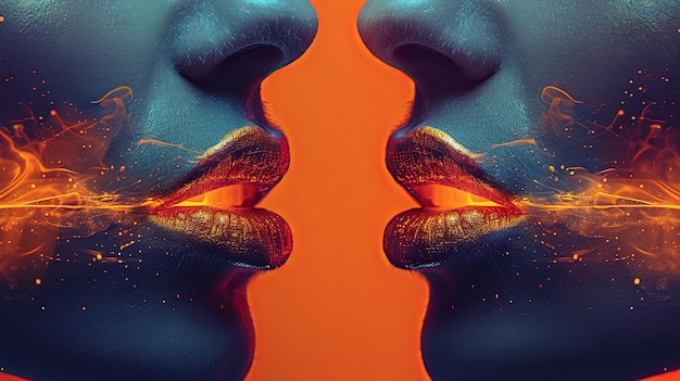 Los labios femeninos susurrando con el efecto artístico de la llamarada naranja