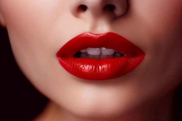 Lábios femininos com batom vermelho e uma boca feminina aberta com macro de dentes brancos Conceito de beleza Generative AI