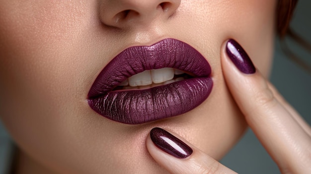 Lábios femininos com moda escura batom roxo com efeito ombre Mão com esmalte de unhas roxo tocando pele bronzeada