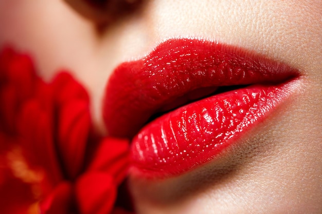 Lábios femininos sensuais com batom vermelho no fundo de uma flor serviços de medicina estética