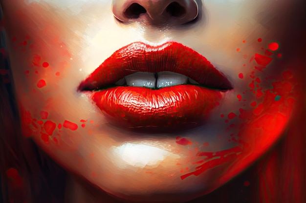 Lábios femininos vermelhos redondos pintados em fundo desfocado criado com generative ai