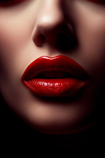 Labios de mujer con lápiz labial rojo con primer plano de boca femenina abierta Concepto de belleza Ilustración generativa de IA
