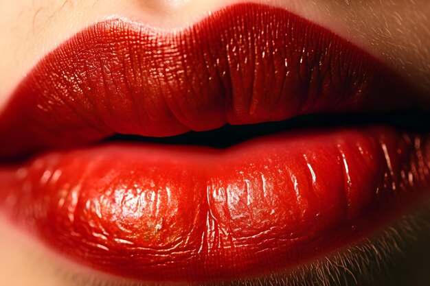 Foto los labios de una mujer con lápiz labial rojo.