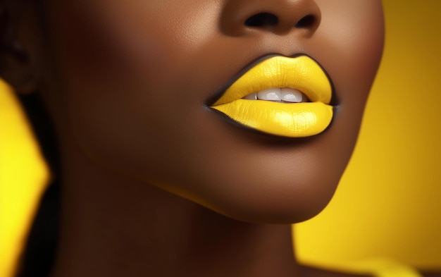 Los labios de la mujer negra con lápiz labial amarillo de cerca maquillaje de labios publicidad de lápiz labia