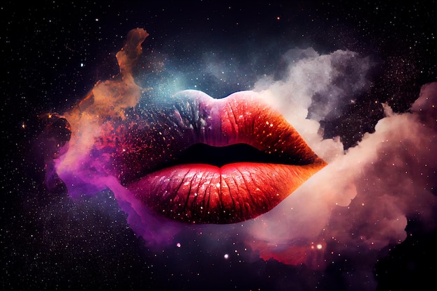 Foto labios de una mujer sobre un fondo cósmico ia generativa
