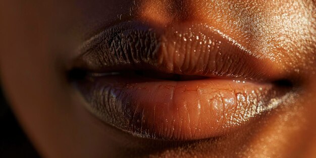 Los labios naturales afroamericanos capturan un momento sereno con un fondo de enfoque suave