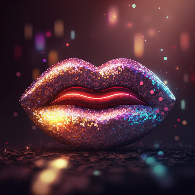 Labios de neón de mujer abstracta con brillo Concepto de belleza Kiss AI