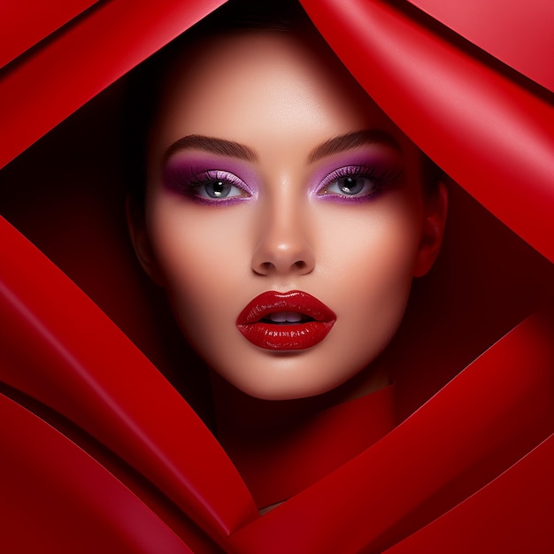 Labios rojos brillantes en un marco de papel rojo y violeta