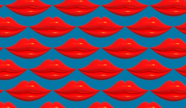 Labios rojos con brillo en una ilustración de renderizado 3D de fondo azul