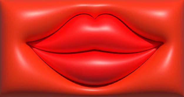 Labios rojos convexos brillantes sobre un fondo rojo ilustración de representación 3D