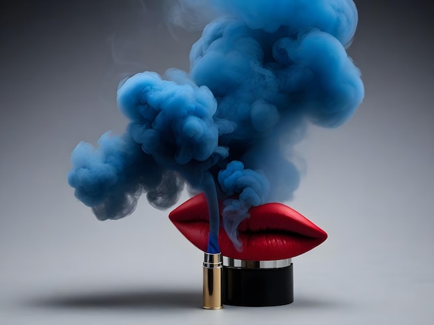Foto los labios rojos fuman un humo azul sobre un fondo negro
