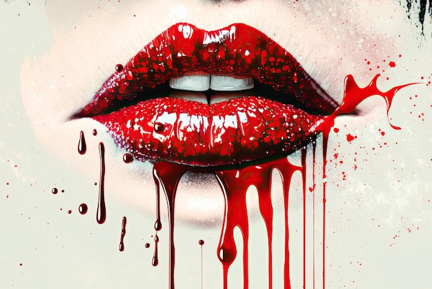 Labios rojos de una niña con salpicaduras de pintura roja Afiche de arte con la boca abierta de una mujer