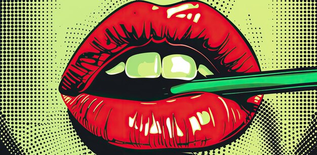 Los labios rojos y un palo de piruleta verde en un fondo popart El concepto de moda y estilo