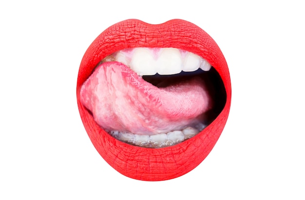 Labios rojos, pintalabios y brillo de labios, apasionado. De cerca, macro con hermosa boca. Lengua sexy. Lengua y boca sexy, abierta. Labio de mujer, labios de mujer. Labios sensuales, lengua fuera. Hermosa mujer sexy, niña.