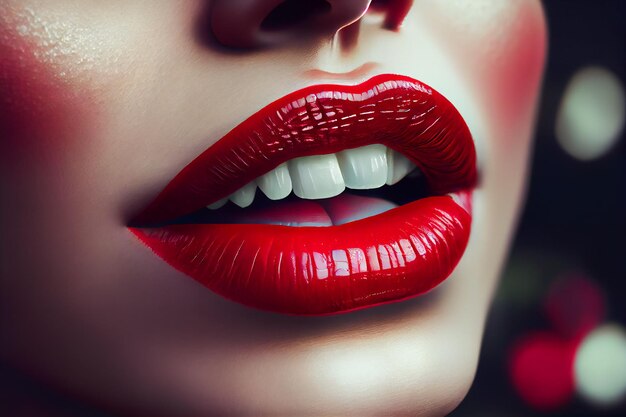 Labios rojos radiantes con dientes blancos brillantes IA generativa