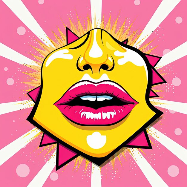 labios rosados con corazones y rayos de amor en fondo amarillo ilustración en el estilo de gráfico en negrita