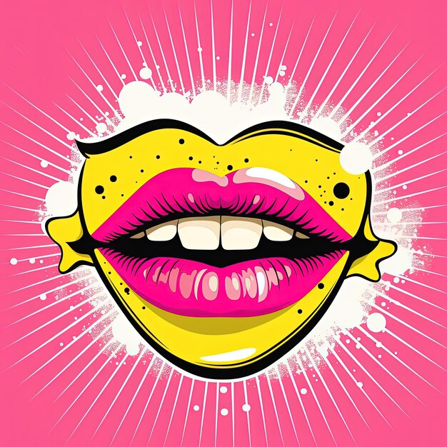 Foto labios rosados con corazones y rayos de amor en fondo amarillo ilustración en el estilo de gráfico en negrita