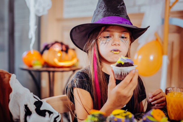 Foto lábios roxos. engraçada e fofa garota de cabelos escuros com lábios roxos e amarelos usando um terno de halloween comendo bolinho brilhante