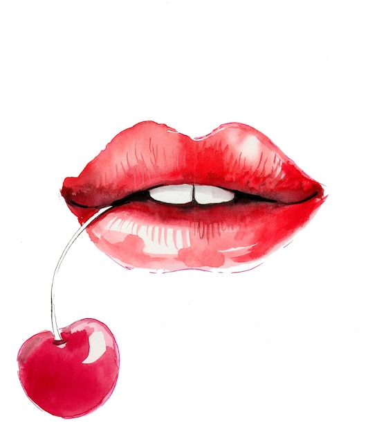 Foto labios sensuales y cerezas. dibujo a tinta y acuarela