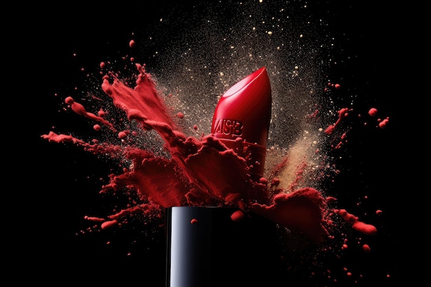 Foto lábios vermelhos com salpicos de tinta vermelha em fundo preto foto comercial criativa de batom vermelho em uma dispersão de pigmento em movimento isolado em fundo preto ai gerado