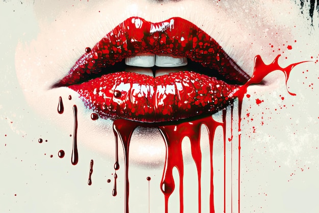 Lábios vermelhos de uma menina com salpicos de tinta vermelha Cartaz de arte com uma boca feminina aberta