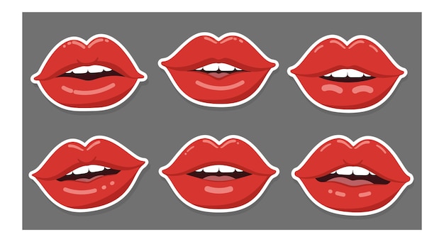 Lábios vermelhos expressando diferentes emoções em ilustração vetorial de design plano