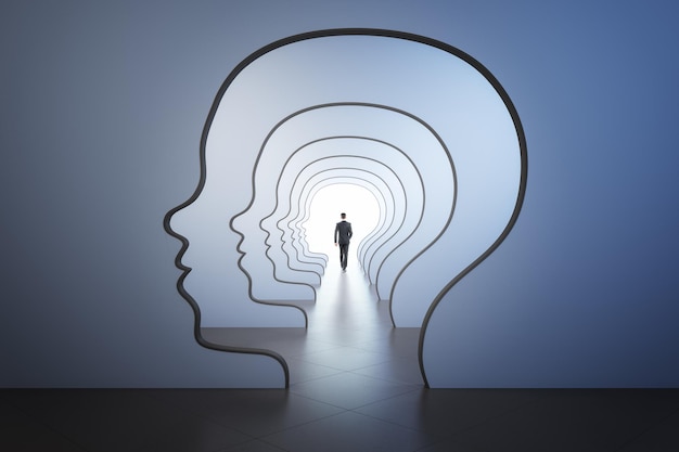 Foto labirinto da mente e conceito de psicologia de sucesso de negócios com vista traseira empresário andando para o ponto de luz no corredor com paredes em forma de cabeça humana