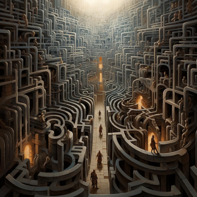 labirinto de labirintos com pessoas caminhando através deles em um labirinto generativo ai