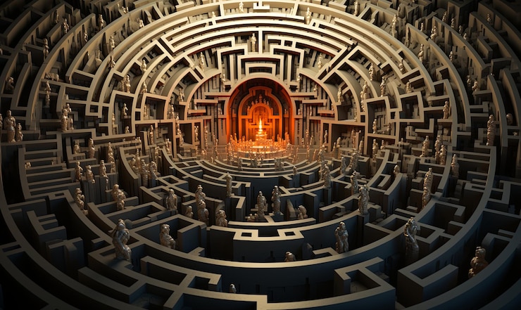 Foto labirinto intrincado com porta vermelha