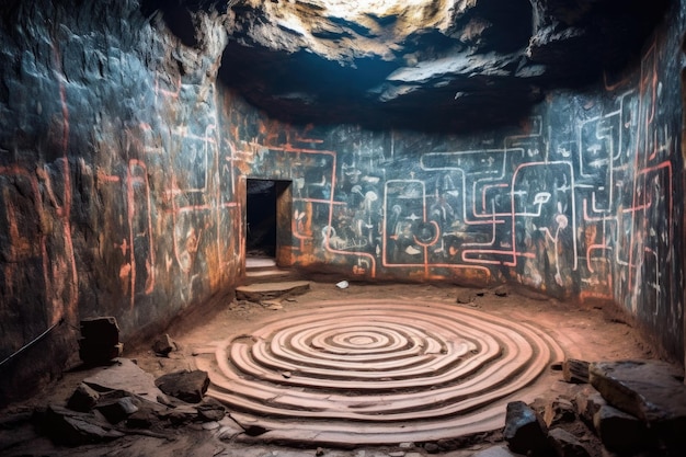 Foto labirinto misterioso pintado em uma parede de caverna criada com ai generativo