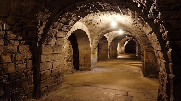 Labirinto subterrâneo de túneis torcidos e câmara secreta Lugar sombrio fantasmas poeira túnel secreto paranormal idade média gótica ruínas umidade misticismo medo gerado por IA