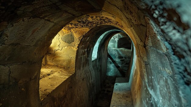 Labirinto subterrâneo de túneis torcidos e câmara secreta Lugar sombrio fantasmas poeira túnel secreto paranormal idade média gótica ruínas umidade misticismo medo gerado por IA