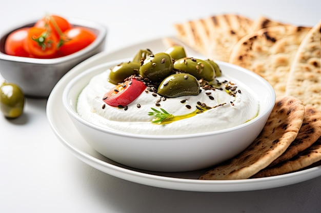 Labneh mergulha um café da manhã do Oriente Médio com azeite de oliva, azeitonas zaatar, legumes e pão pita em um wh