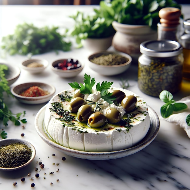 Foto labneh mit oliven und zaatar auf weißer marmorplatte