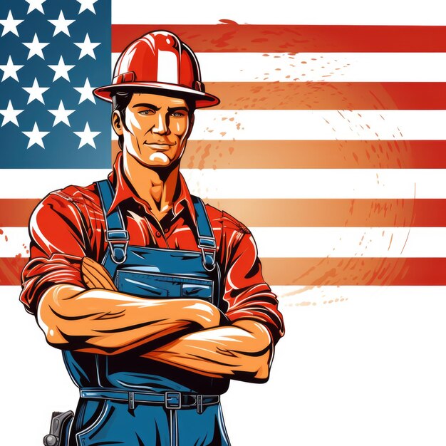 Labor Day Celebration Clip Art des stolzen amerikanischen Arbeiters in Rot, Weiß und Blau