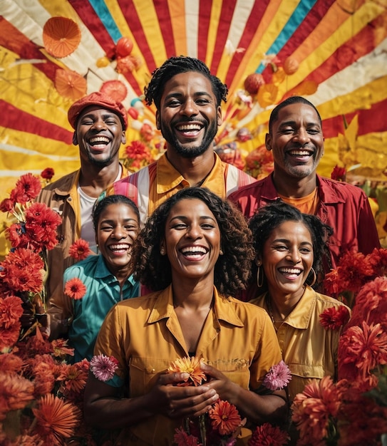 Foto labor day poster mit sechs glücklichen schwarzen menschen, die blumen vor einem hellen hintergrund halten