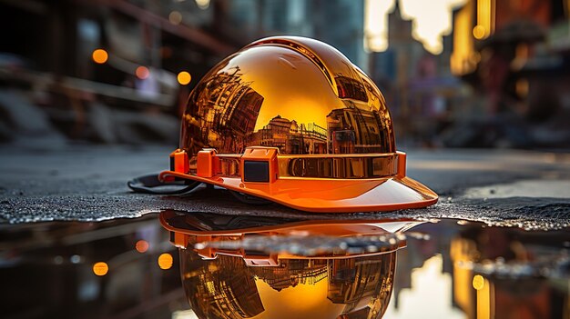 Foto labor day tribute stadtwachstum reflektiert auf einem arbeiterhelm kontrast zu städtischem stolz