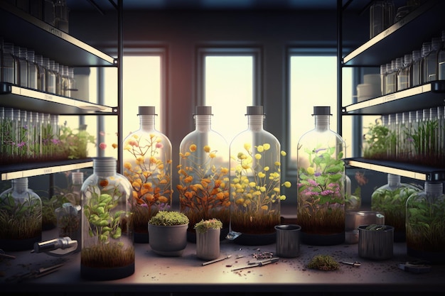 Foto labor mit reihen von reagenzgläsern, die sprossen verschiedener pflanzen und blumen enthalten