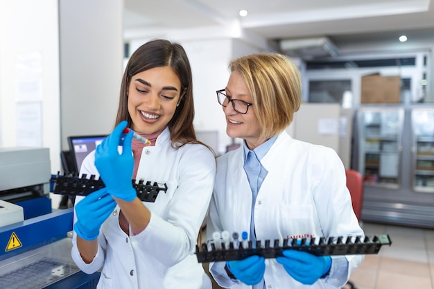 Laborassistentin, die Reagenzgläser in den Halter einlegt Wissenschaftlerarzt, der sich das Blutteströhrchen ansieht, das bei biochemischen Experimenten im mikrobiologischen Krankenhauslabor arbeitet