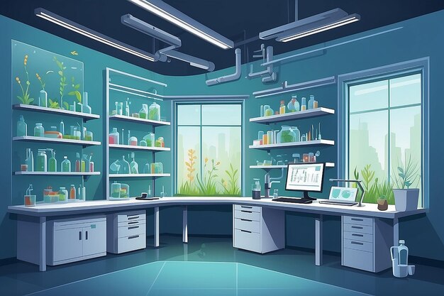 el laboratorio con un área dedicada al estudio del microbioma y la ilustración vectorial de la ecología microbiana en estilo plano