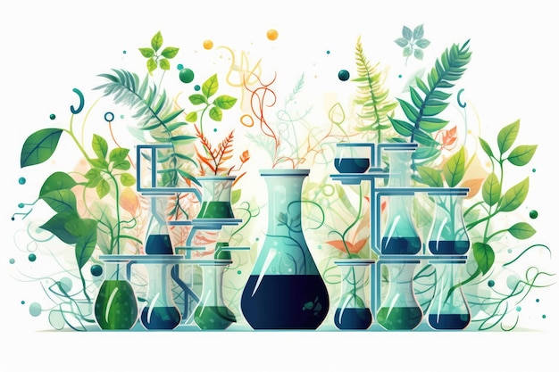 El laboratorio biológico estudia la genética de las plantas, el entorno y las estructuras bioquímicas. Ilustración IA generativa